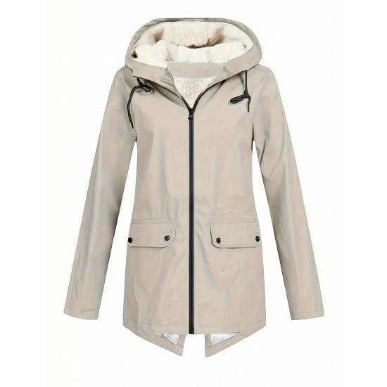 Plus Size Plush Lined Hooded Coat, Casual Long Sleeve Zipper Warm Coat For Winter, Women's Plus Size Clothing Plus Size Plush Lined Hooded Coat, Casual Long Sleeve Zipper Warm Coat For Winter, Women's Plus Size Clothing