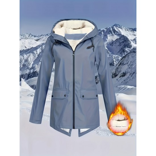 Plus Size Plush Lined Hooded Coat, Casual Long Sleeve Zipper Warm Coat For Winter, Women's Plus Size Clothing Plus Size Plush Lined Hooded Coat, Casual Long Sleeve Zipper Warm Coat For Winter, Women's Plus Size Clothing