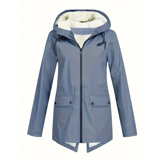 Plus Size Plush Lined Hooded Coat, Casual Long Sleeve Zipper Warm Coat For Winter, Women's Plus Size Clothing Plus Size Plush Lined Hooded Coat, Casual Long Sleeve Zipper Warm Coat For Winter, Women's Plus Size Clothing
