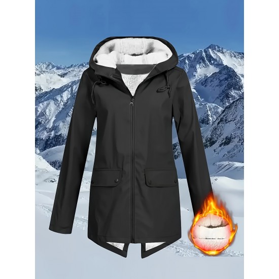 Plus Size Plush Lined Hooded Coat, Casual Long Sleeve Zipper Warm Coat For Winter, Women's Plus Size Clothing Plus Size Plush Lined Hooded Coat, Casual Long Sleeve Zipper Warm Coat For Winter, Women's Plus Size Clothing