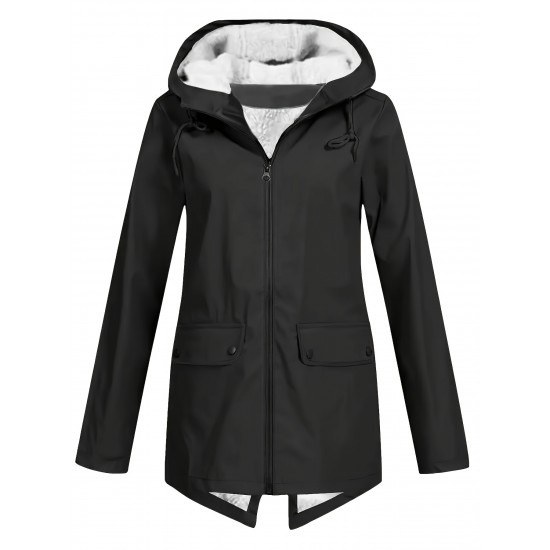 Plus Size Plush Lined Hooded Coat, Casual Long Sleeve Zipper Warm Coat For Winter, Women's Plus Size Clothing Plus Size Plush Lined Hooded Coat, Casual Long Sleeve Zipper Warm Coat For Winter, Women's Plus Size Clothing