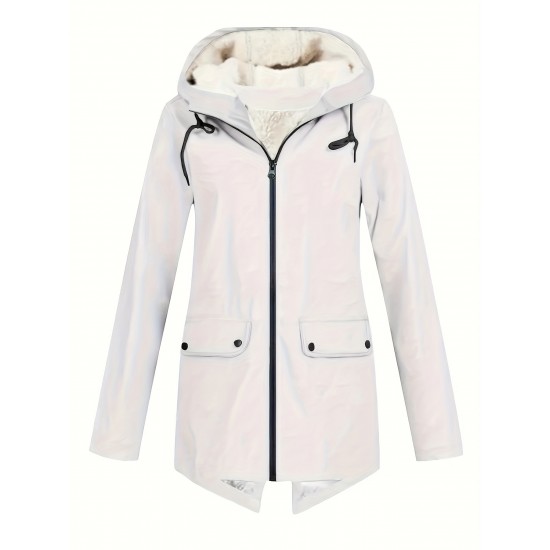 Plus Size Plush Lined Hooded Coat, Casual Long Sleeve Zipper Warm Coat For Winter, Women's Plus Size Clothing Plus Size Plush Lined Hooded Coat, Casual Long Sleeve Zipper Warm Coat For Winter, Women's Plus Size Clothing