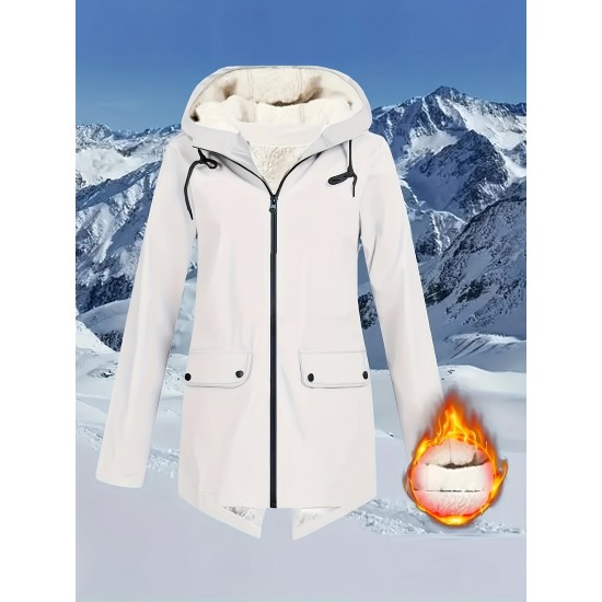 Plus Size Plush Lined Hooded Coat, Casual Long Sleeve Zipper Warm Coat For Winter, Women's Plus Size Clothing Plus Size Plush Lined Hooded Coat, Casual Long Sleeve Zipper Warm Coat For Winter, Women's Plus Size Clothing