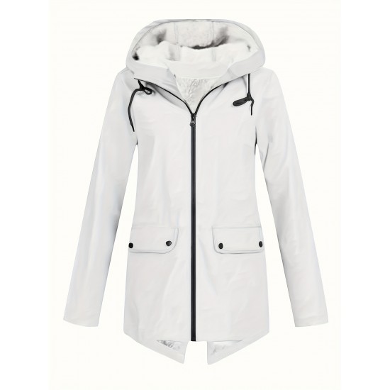 Plus Size Plush Lined Hooded Coat, Casual Long Sleeve Zipper Warm Coat For Winter, Women's Plus Size Clothing Plus Size Plush Lined Hooded Coat, Casual Long Sleeve Zipper Warm Coat For Winter, Women's Plus Size Clothing