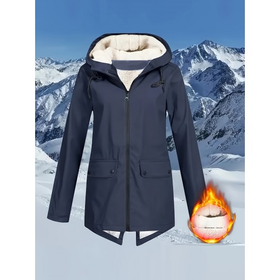 Plus Size Plush Lined Hooded Coat, Casual Long Sleeve Zipper Warm Coat For Winter, Women's Plus Size Clothing Plus Size Plush Lined Hooded Coat, Casual Long Sleeve Zipper Warm Coat For Winter, Women's Plus Size Clothing