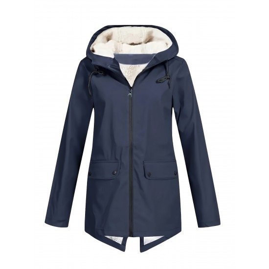Plus Size Plush Lined Hooded Coat, Casual Long Sleeve Zipper Warm Coat For Winter, Women's Plus Size Clothing Plus Size Plush Lined Hooded Coat, Casual Long Sleeve Zipper Warm Coat For Winter, Women's Plus Size Clothing