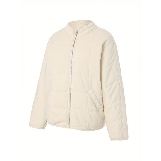 Chic Plus Size Quilted Jacket for Women - Casual Long Sleeve, Full Zip Padded Coat with Stand Collar, Machine Washable - Perfect for Fall/Winter Chic Plus Size Quilted Jacket for Women - Casual Long Sleeve, Full Zip Padded Coat with Stand Collar, Machine Washable - Perfect for Fall/Winter