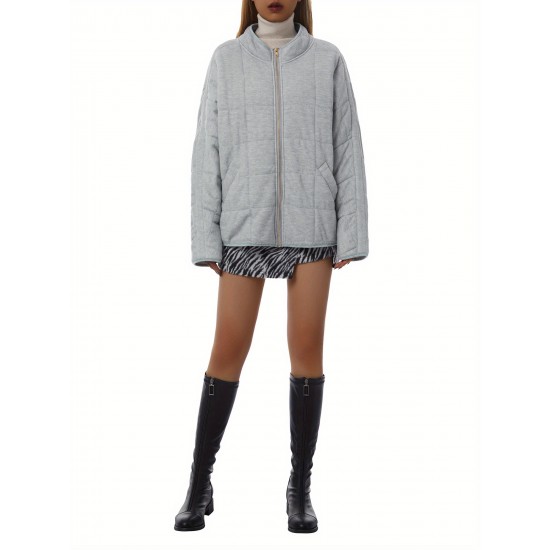 Chic Plus Size Quilted Jacket for Women - Casual Long Sleeve, Full Zip Padded Coat with Stand Collar, Machine Washable - Perfect for Fall/Winter Chic Plus Size Quilted Jacket for Women - Casual Long Sleeve, Full Zip Padded Coat with Stand Collar, Machine Washable - Perfect for Fall/Winter