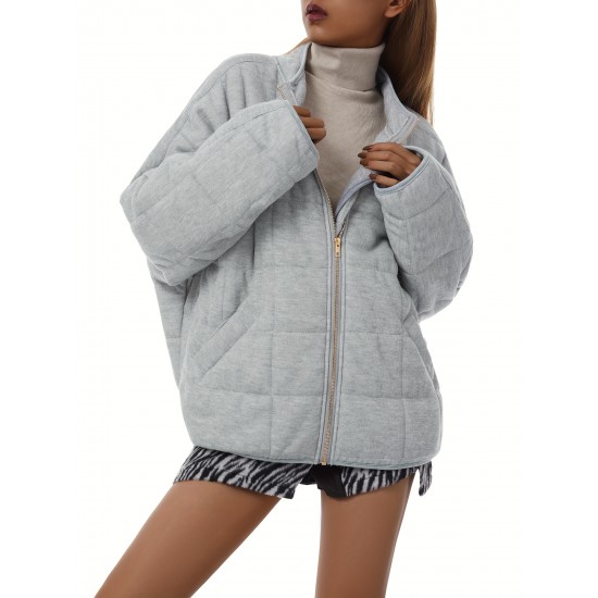 Chic Plus Size Quilted Jacket for Women - Casual Long Sleeve, Full Zip Padded Coat with Stand Collar, Machine Washable - Perfect for Fall/Winter Chic Plus Size Quilted Jacket for Women - Casual Long Sleeve, Full Zip Padded Coat with Stand Collar, Machine Washable - Perfect for Fall/Winter