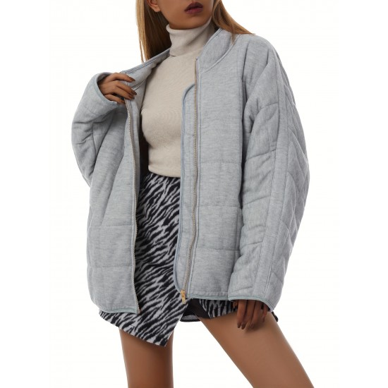 Chic Plus Size Quilted Jacket for Women - Casual Long Sleeve, Full Zip Padded Coat with Stand Collar, Machine Washable - Perfect for Fall/Winter Chic Plus Size Quilted Jacket for Women - Casual Long Sleeve, Full Zip Padded Coat with Stand Collar, Machine Washable - Perfect for Fall/Winter