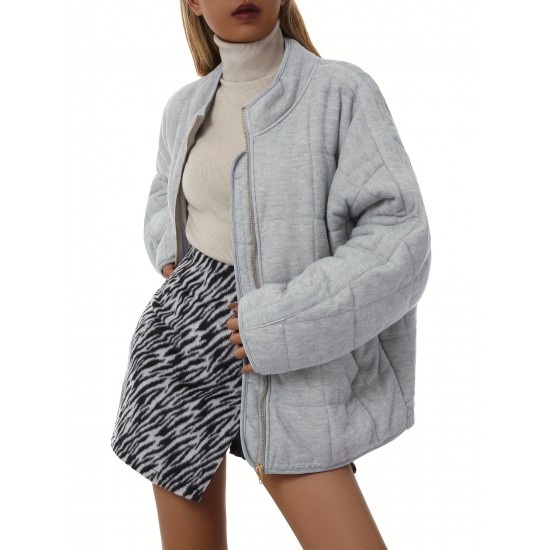 Chic Plus Size Quilted Jacket for Women - Casual Long Sleeve, Full Zip Padded Coat with Stand Collar, Machine Washable - Perfect for Fall/Winter Chic Plus Size Quilted Jacket for Women - Casual Long Sleeve, Full Zip Padded Coat with Stand Collar, Machine Washable - Perfect for Fall/Winter
