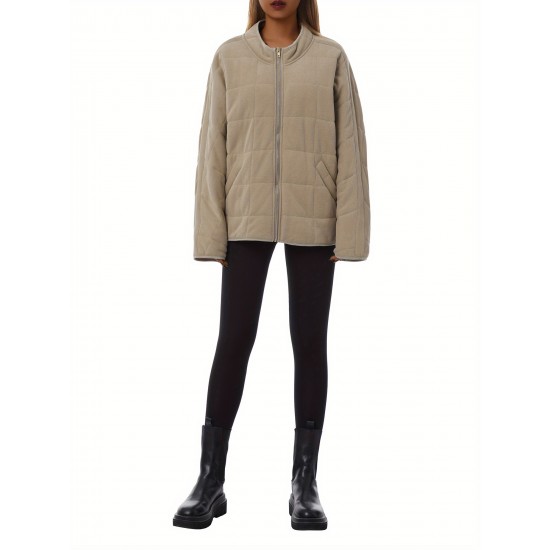 Chic Plus Size Quilted Jacket for Women - Casual Long Sleeve, Full Zip Padded Coat with Stand Collar, Machine Washable - Perfect for Fall/Winter Chic Plus Size Quilted Jacket for Women - Casual Long Sleeve, Full Zip Padded Coat with Stand Collar, Machine Washable - Perfect for Fall/Winter