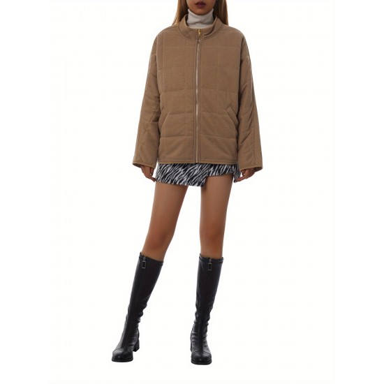 Chic Plus Size Quilted Jacket for Women - Casual Long Sleeve, Full Zip Padded Coat with Stand Collar, Machine Washable - Perfect for Fall/Winter Chic Plus Size Quilted Jacket for Women - Casual Long Sleeve, Full Zip Padded Coat with Stand Collar, Machine Washable - Perfect for Fall/Winter