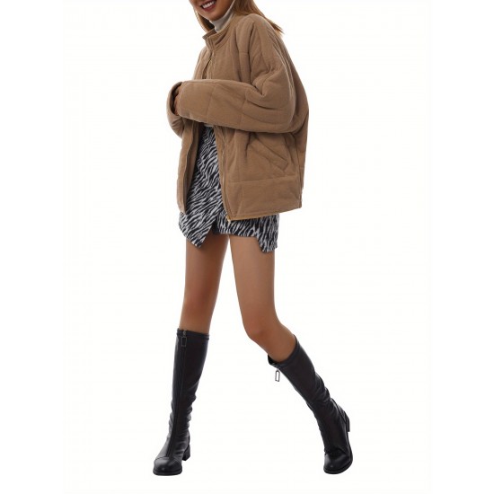 Chic Plus Size Quilted Jacket for Women - Casual Long Sleeve, Full Zip Padded Coat with Stand Collar, Machine Washable - Perfect for Fall/Winter Chic Plus Size Quilted Jacket for Women - Casual Long Sleeve, Full Zip Padded Coat with Stand Collar, Machine Washable - Perfect for Fall/Winter