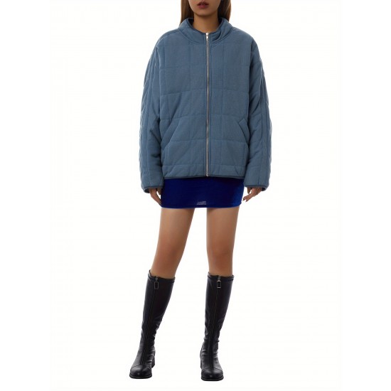 Chic Plus Size Quilted Jacket for Women - Casual Long Sleeve, Full Zip Padded Coat with Stand Collar, Machine Washable - Perfect for Fall/Winter Chic Plus Size Quilted Jacket for Women - Casual Long Sleeve, Full Zip Padded Coat with Stand Collar, Machine Washable - Perfect for Fall/Winter
