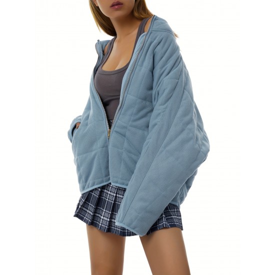Chic Plus Size Quilted Jacket for Women - Casual Long Sleeve, Full Zip Padded Coat with Stand Collar, Machine Washable - Perfect for Fall/Winter Chic Plus Size Quilted Jacket for Women - Casual Long Sleeve, Full Zip Padded Coat with Stand Collar, Machine Washable - Perfect for Fall/Winter
