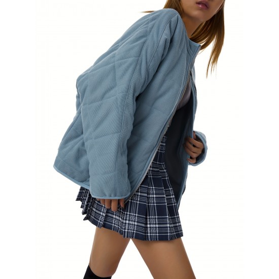 Chic Plus Size Quilted Jacket for Women - Casual Long Sleeve, Full Zip Padded Coat with Stand Collar, Machine Washable - Perfect for Fall/Winter Chic Plus Size Quilted Jacket for Women - Casual Long Sleeve, Full Zip Padded Coat with Stand Collar, Machine Washable - Perfect for Fall/Winter