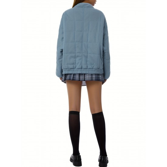 Chic Plus Size Quilted Jacket for Women - Casual Long Sleeve, Full Zip Padded Coat with Stand Collar, Machine Washable - Perfect for Fall/Winter Chic Plus Size Quilted Jacket for Women - Casual Long Sleeve, Full Zip Padded Coat with Stand Collar, Machine Washable - Perfect for Fall/Winter