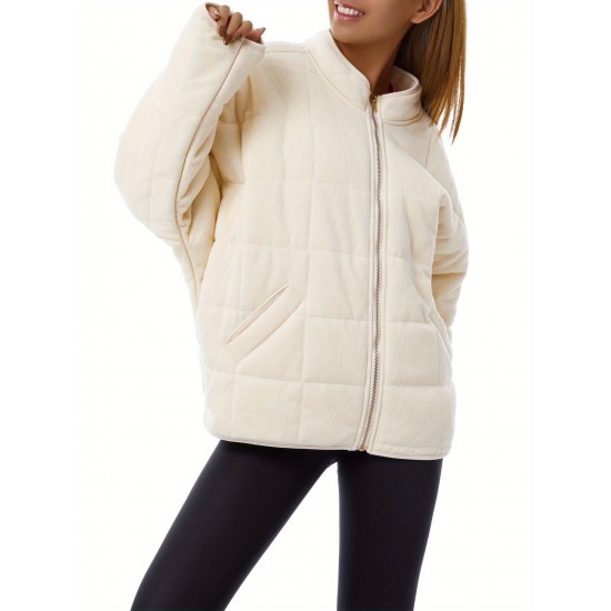 Chic Plus Size Quilted Jacket for Women - Casual Long Sleeve, Full Zip Padded Coat with Stand Collar, Machine Washable - Perfect for Fall/Winter Chic Plus Size Quilted Jacket for Women - Casual Long Sleeve, Full Zip Padded Coat with Stand Collar, Machine Washable - Perfect for Fall/Winter