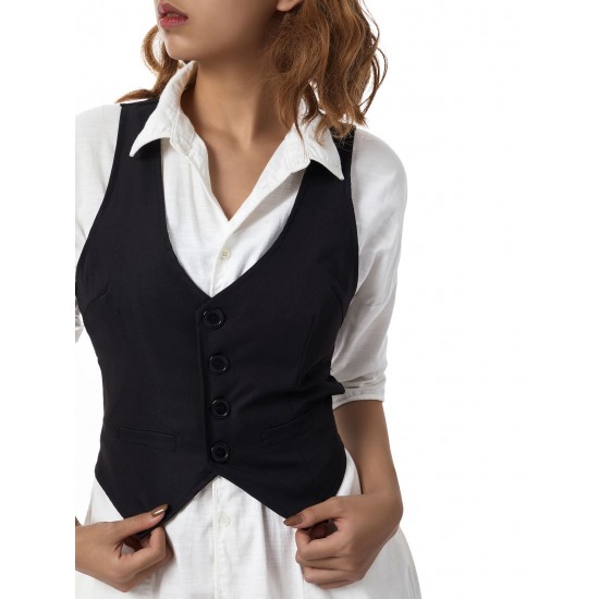 Chic Black Striped V-Neck Sleeveless Waistcoat for Women - Casual & Dressy, Slim Fit Crop Top with Button Detail Chic Black Striped V-Neck Sleeveless Waistcoat for Women - Casual & Dressy, Slim Fit Crop Top with Button Detail