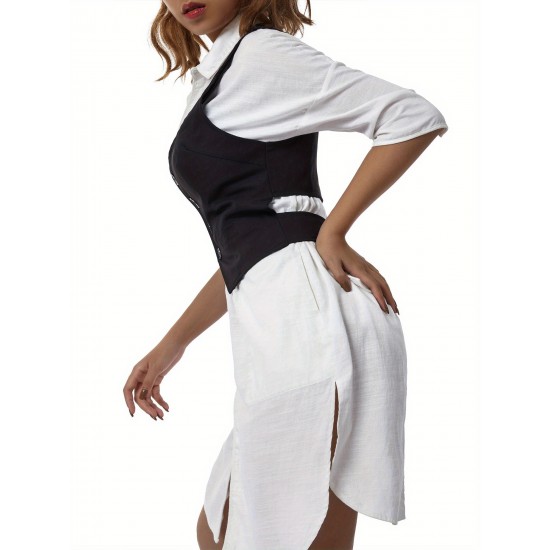 Chic Black Striped V-Neck Sleeveless Waistcoat for Women - Casual & Dressy, Slim Fit Crop Top with Button Detail Chic Black Striped V-Neck Sleeveless Waistcoat for Women - Casual & Dressy, Slim Fit Crop Top with Button Detail