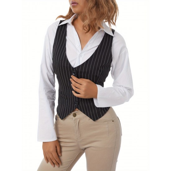 Chic Black Striped V-Neck Sleeveless Waistcoat for Women - Casual & Dressy, Slim Fit Crop Top with Button Detail Chic Black Striped V-Neck Sleeveless Waistcoat for Women - Casual & Dressy, Slim Fit Crop Top with Button Detail