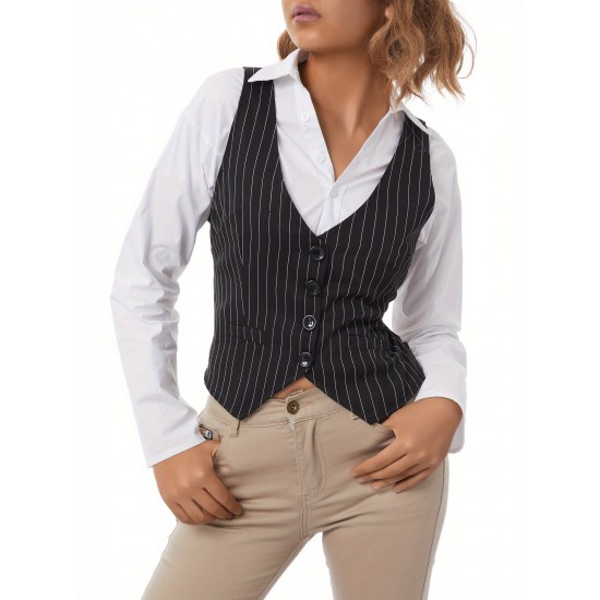 Chic Black Striped V-Neck Sleeveless Waistcoat for Women - Casual & Dressy, Slim Fit Crop Top with Button Detail Chic Black Striped V-Neck Sleeveless Waistcoat for Women - Casual & Dressy, Slim Fit Crop Top with Button Detail