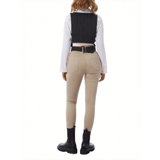 Chic Black Striped V-Neck Sleeveless Waistcoat for Women - Casual & Dressy, Slim Fit Crop Top with Button Detail Chic Black Striped V-Neck Sleeveless Waistcoat for Women - Casual & Dressy, Slim Fit Crop Top with Button Detail