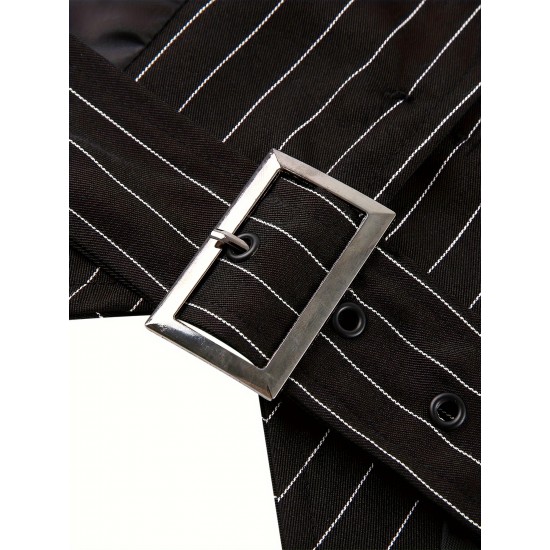 Chic Black Striped V-Neck Sleeveless Waistcoat for Women - Casual & Dressy, Slim Fit Crop Top with Button Detail Chic Black Striped V-Neck Sleeveless Waistcoat for Women - Casual & Dressy, Slim Fit Crop Top with Button Detail