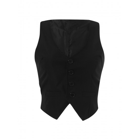 Chic Black Striped V-Neck Sleeveless Waistcoat for Women - Casual & Dressy, Slim Fit Crop Top with Button Detail Chic Black Striped V-Neck Sleeveless Waistcoat for Women - Casual & Dressy, Slim Fit Crop Top with Button Detail