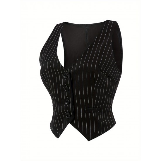 Chic Black Striped V-Neck Sleeveless Waistcoat for Women - Casual & Dressy, Slim Fit Crop Top with Button Detail Chic Black Striped V-Neck Sleeveless Waistcoat for Women - Casual & Dressy, Slim Fit Crop Top with Button Detail
