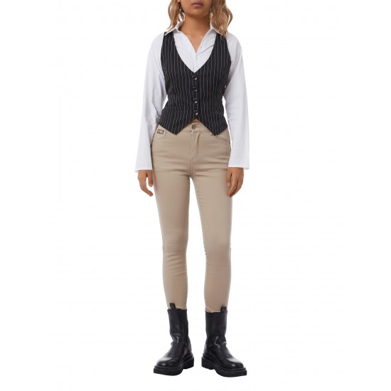 Chic Black Striped V-Neck Sleeveless Waistcoat for Women - Casual & Dressy, Slim Fit Crop Top with Button Detail Chic Black Striped V-Neck Sleeveless Waistcoat for Women - Casual & Dressy, Slim Fit Crop Top with Button Detail
