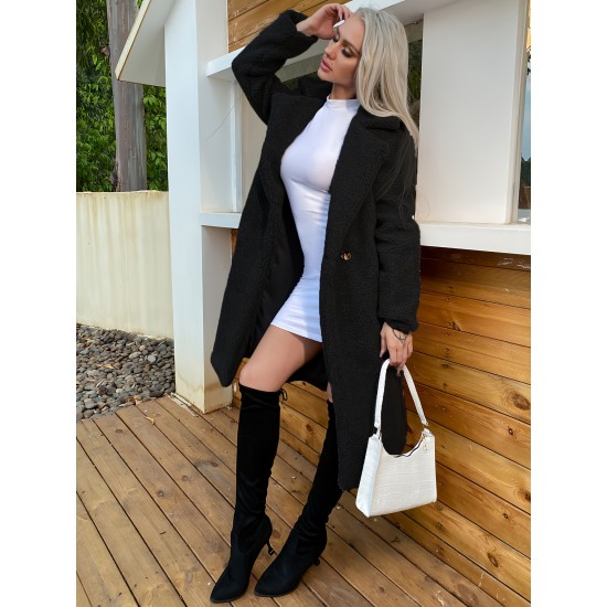 Plus Size Faux Fur Coat, Casual Polyester Non-Stretch Solid Color, with Lapel Collar and Button Details, for Fall/Winter - Knit Fabric Outerwear Plus Size Faux Fur Coat, Casual Polyester Non-Stretch Solid Color, with Lapel Collar and Button Details, for Fall/Winter - Knit Fabric Outerwear