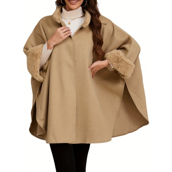 Chic Women's Cloak with Faux Fur Trim - 3/4 Sleeve, Button Closure, V-Neck Outerwear for Casual Wear Chic Women's Cloak with Faux Fur Trim - 3/4 Sleeve, Button Closure, V-Neck Outerwear for Casual Wear