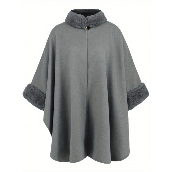 Chic Women's Cloak with Faux Fur Trim - 3/4 Sleeve, Button Closure, V-Neck Outerwear for Casual Wear Chic Women's Cloak with Faux Fur Trim - 3/4 Sleeve, Button Closure, V-Neck Outerwear for Casual Wear