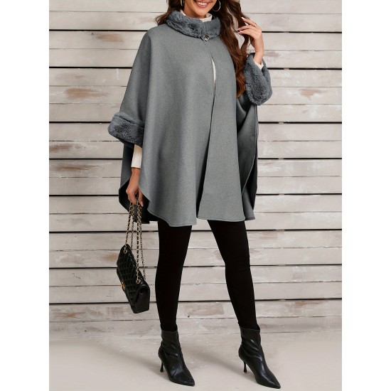 Chic Women's Cloak with Faux Fur Trim - 3/4 Sleeve, Button Closure, V-Neck Outerwear for Casual Wear Chic Women's Cloak with Faux Fur Trim - 3/4 Sleeve, Button Closure, V-Neck Outerwear for Casual Wear