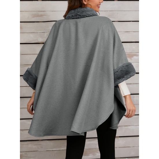 Chic Women's Cloak with Faux Fur Trim - 3/4 Sleeve, Button Closure, V-Neck Outerwear for Casual Wear Chic Women's Cloak with Faux Fur Trim - 3/4 Sleeve, Button Closure, V-Neck Outerwear for Casual Wear