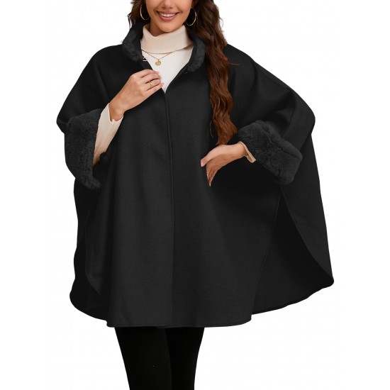 Chic Women's Cloak with Faux Fur Trim - 3/4 Sleeve, Button Closure, V-Neck Outerwear for Casual Wear Chic Women's Cloak with Faux Fur Trim - 3/4 Sleeve, Button Closure, V-Neck Outerwear for Casual Wear
