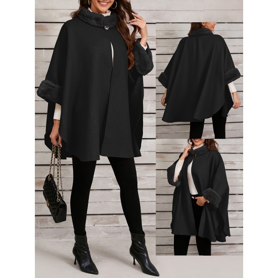 Chic Women's Cloak with Faux Fur Trim - 3/4 Sleeve, Button Closure, V-Neck Outerwear for Casual Wear Chic Women's Cloak with Faux Fur Trim - 3/4 Sleeve, Button Closure, V-Neck Outerwear for Casual Wear