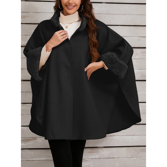 Chic Women's Cloak with Faux Fur Trim - 3/4 Sleeve, Button Closure, V-Neck Outerwear for Casual Wear Chic Women's Cloak with Faux Fur Trim - 3/4 Sleeve, Button Closure, V-Neck Outerwear for Casual Wear