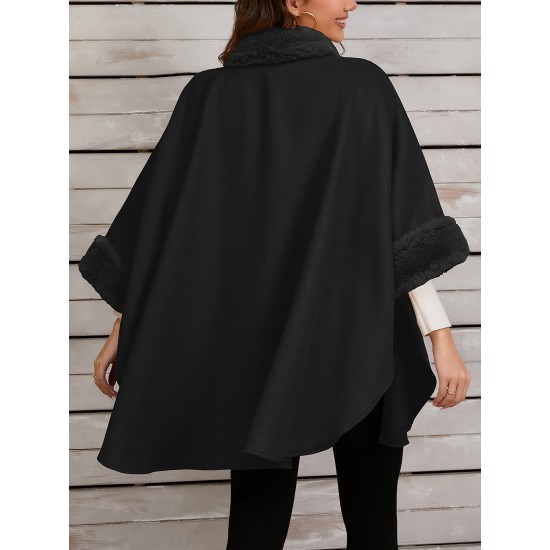 Chic Women's Cloak with Faux Fur Trim - 3/4 Sleeve, Button Closure, V-Neck Outerwear for Casual Wear Chic Women's Cloak with Faux Fur Trim - 3/4 Sleeve, Button Closure, V-Neck Outerwear for Casual Wear