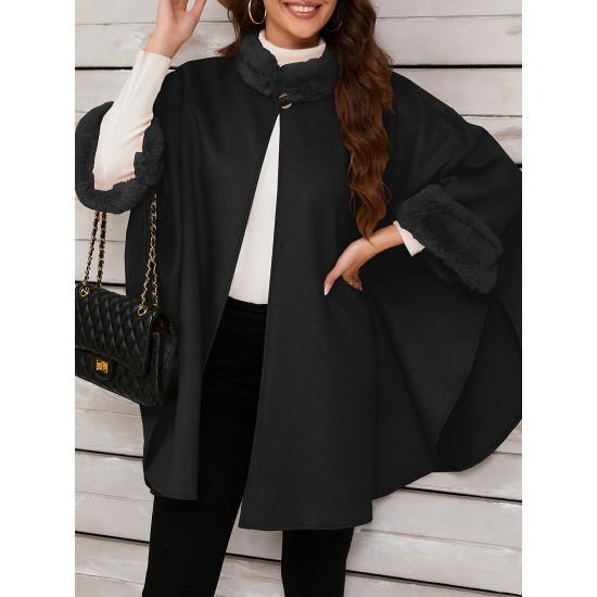 Chic Women's Cloak with Faux Fur Trim - 3/4 Sleeve, Button Closure, V-Neck Outerwear for Casual Wear Chic Women's Cloak with Faux Fur Trim - 3/4 Sleeve, Button Closure, V-Neck Outerwear for Casual Wear