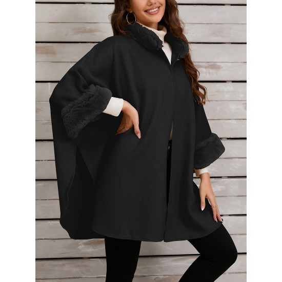 Chic Women's Cloak with Faux Fur Trim - 3/4 Sleeve, Button Closure, V-Neck Outerwear for Casual Wear Chic Women's Cloak with Faux Fur Trim - 3/4 Sleeve, Button Closure, V-Neck Outerwear for Casual Wear