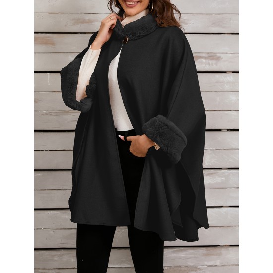 Chic Women's Cloak with Faux Fur Trim - 3/4 Sleeve, Button Closure, V-Neck Outerwear for Casual Wear Chic Women's Cloak with Faux Fur Trim - 3/4 Sleeve, Button Closure, V-Neck Outerwear for Casual Wear