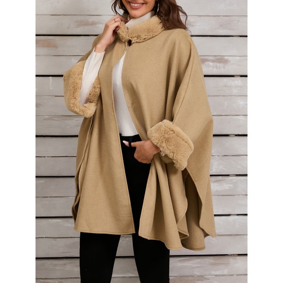 Chic Women's Cloak with Faux Fur Trim - 3/4 Sleeve, Button Closure, V-Neck Outerwear for Casual Wear Chic Women's Cloak with Faux Fur Trim - 3/4 Sleeve, Button Closure, V-Neck Outerwear for Casual Wear