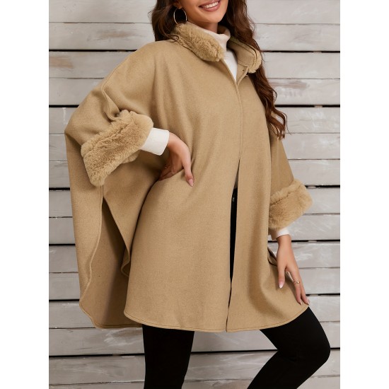 Chic Women's Cloak with Faux Fur Trim - 3/4 Sleeve, Button Closure, V-Neck Outerwear for Casual Wear Chic Women's Cloak with Faux Fur Trim - 3/4 Sleeve, Button Closure, V-Neck Outerwear for Casual Wear