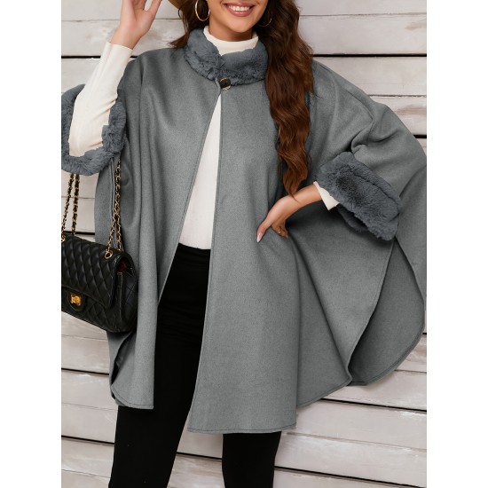 Chic Women's Cloak with Faux Fur Trim - 3/4 Sleeve, Button Closure, V-Neck Outerwear for Casual Wear Chic Women's Cloak with Faux Fur Trim - 3/4 Sleeve, Button Closure, V-Neck Outerwear for Casual Wear