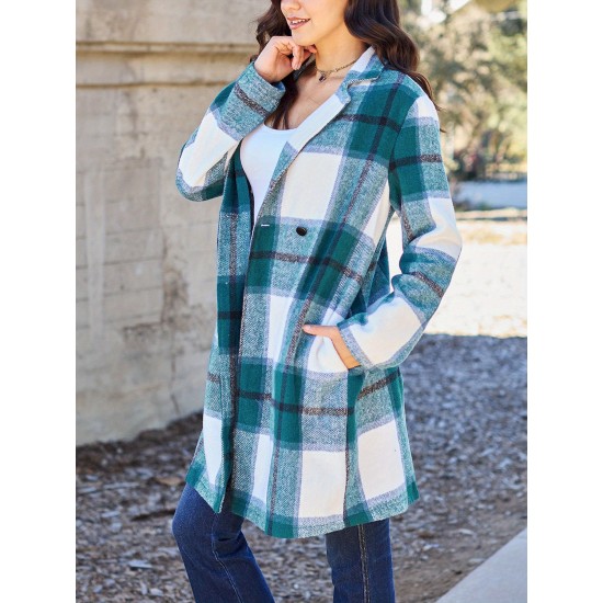 Chic Women's Plaid Long Coat - Double-Breasted, Lapel Collar with Full-Length Sleeves | Warm & Cozy for Fall/Winter | Machine Washable Chic Women's Plaid Long Coat - Double-Breasted, Lapel Collar with Full-Length Sleeves | Warm & Cozy for Fall/Winter | Machine Washable