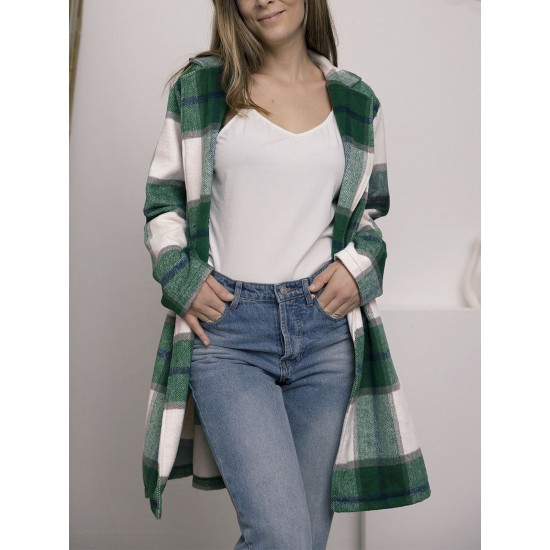 Chic Women's Plaid Long Coat - Double-Breasted, Lapel Collar with Full-Length Sleeves | Warm & Cozy for Fall/Winter | Machine Washable Chic Women's Plaid Long Coat - Double-Breasted, Lapel Collar with Full-Length Sleeves | Warm & Cozy for Fall/Winter | Machine Washable