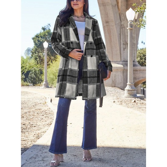 Chic Women's Plaid Long Coat - Double-Breasted, Lapel Collar with Full-Length Sleeves | Warm & Cozy for Fall/Winter | Machine Washable Chic Women's Plaid Long Coat - Double-Breasted, Lapel Collar with Full-Length Sleeves | Warm & Cozy for Fall/Winter | Machine Washable